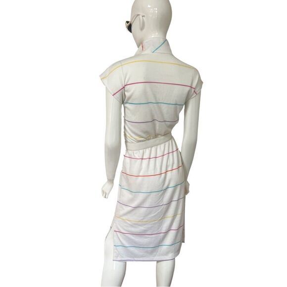 Vintage 1970s Handmade One of a Kind Rainbow Stripe Cinch Waist Polo Midi Dress - Picture 10 of 15
